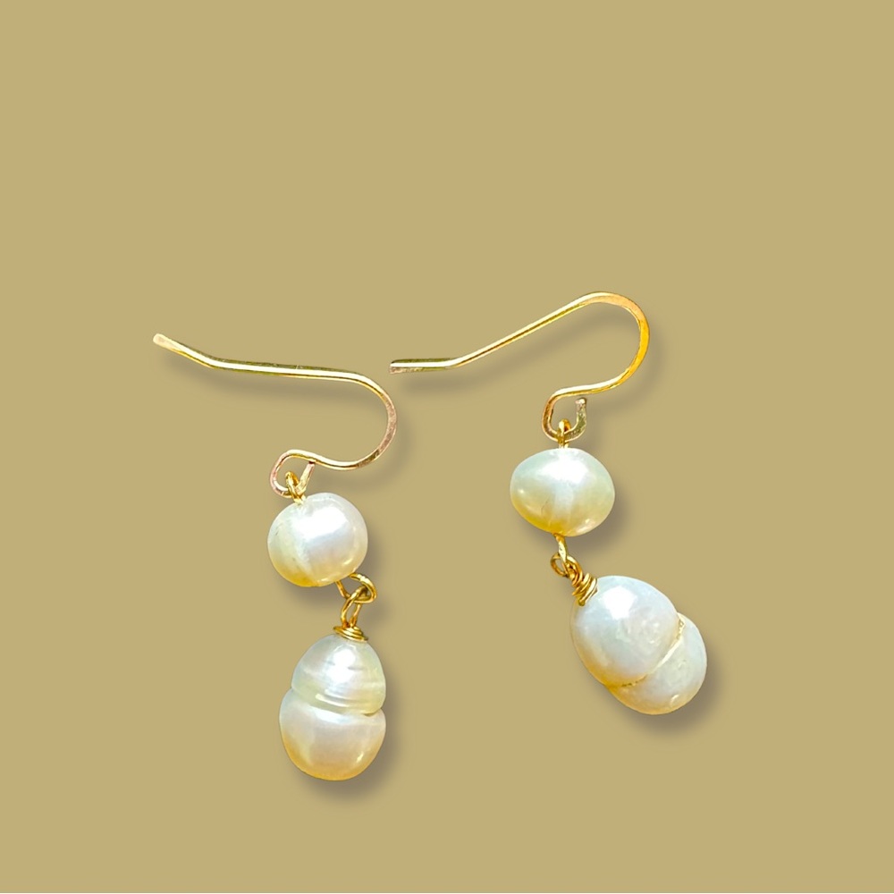 Handmade Minimalist Freshwater Pearl Drop Earrings . Two Tier drop 1 inch.